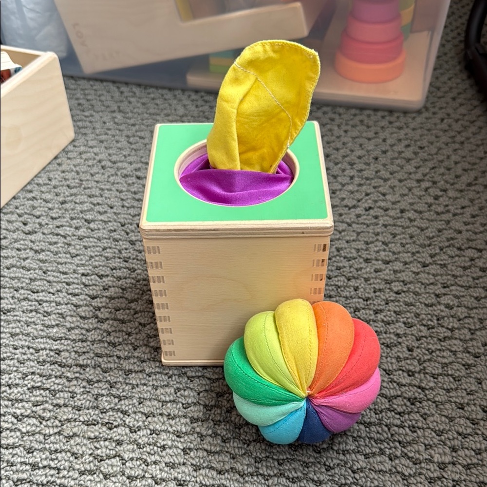 Lovevery Magic Tissue Box and Organic Cotton Rainbow Ball